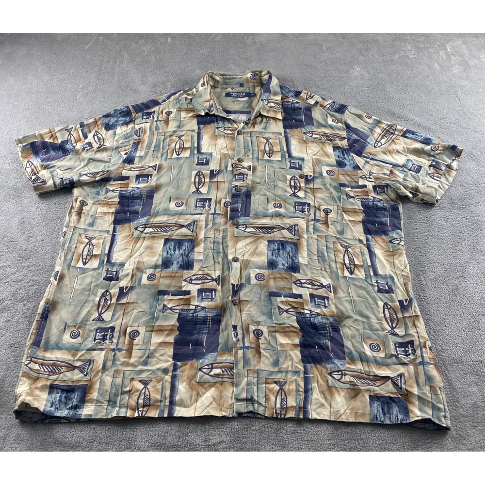 Windham Pointe Mens XXL Short Sleeve Button Down Shirt Blue‎ Tan Abstract Fish